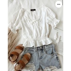 Lulus Linden White Smocked Short Sleeve Top Women’s Xs